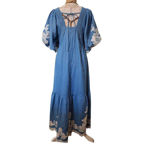 ACONICONI Bluebell denim and lace Puff Sleeve Maxi Dress size XL - Picture 6 of 9